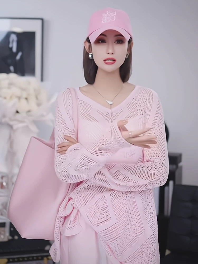 Women's Pink Long Sleeve Cutout Top Fashion Blouse Shirt for Office Outfits Business Casual Streetwear Weekend Everyday