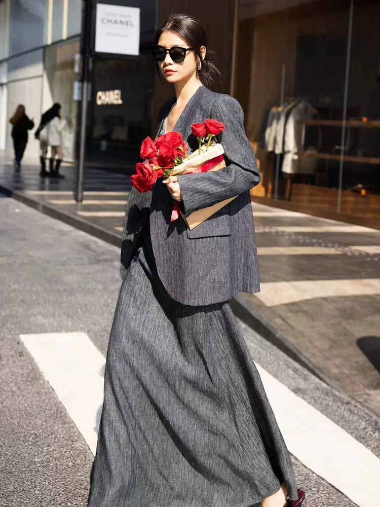 Women's Grey Linen Quiet-Luxury Retro Business Suit Set Office Workwear Two-Piece Set for Interview Outfits Casual Date Night Holiday Party Spring Summer