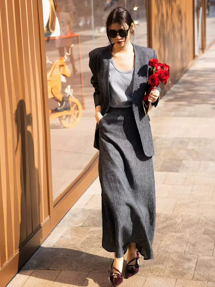Women's Grey Linen Quiet-Luxury Retro Business Suit Set Office Workwear Two-Piece Set for Interview Outfits Casual Date Night Holiday Party Spring Summer