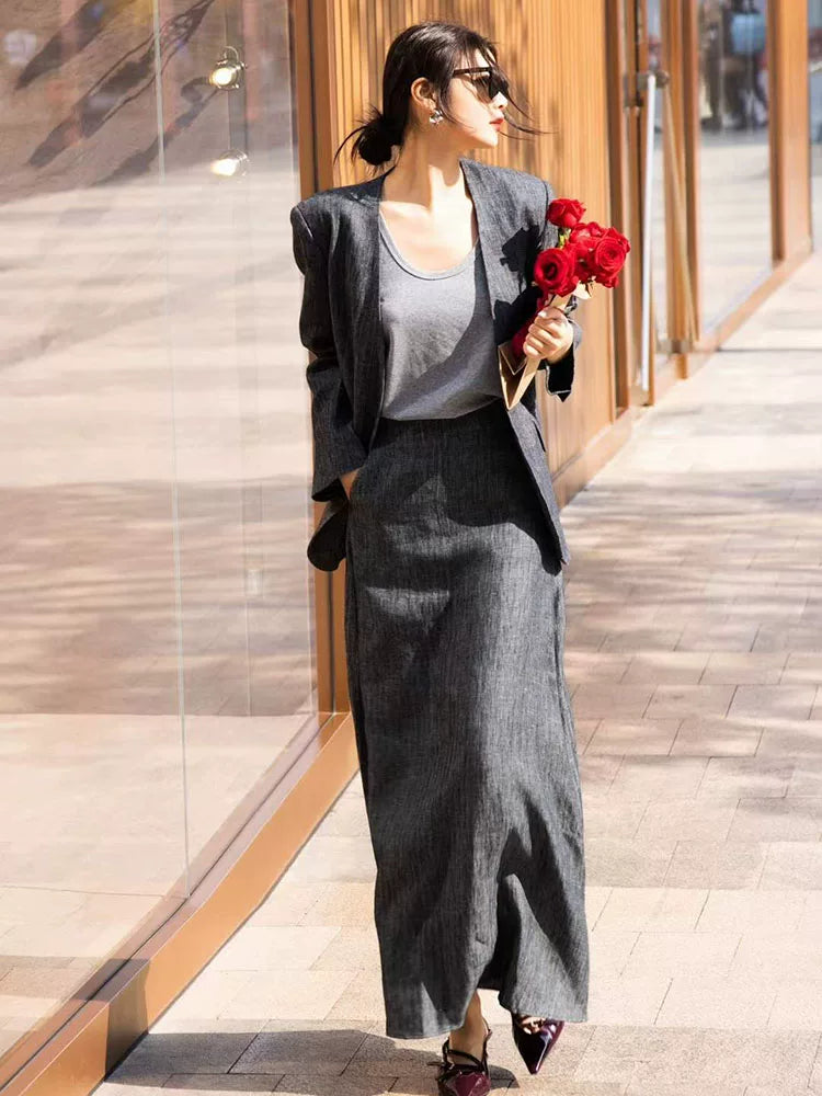 Women's Grey Linen Quiet-Luxury Retro Business Suit Set Office Workwear Two-Piece Set for Interview Outfits Casual Date Night Holiday Party Spring Summer
