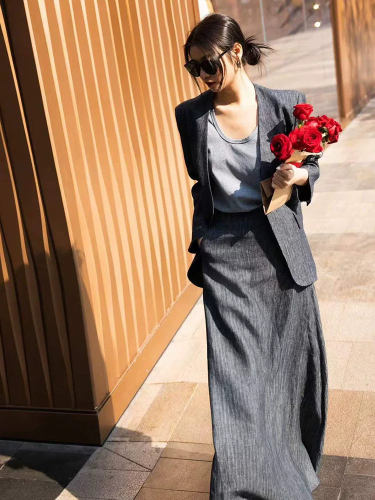 Women's Grey Linen Quiet-Luxury Retro Business Suit Set Office Workwear Two-Piece Set for Interview Outfits Casual Date Night Holiday Party Spring Summer