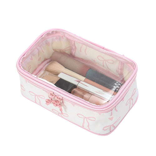 Bow Makeup Bag Travel Cosmetic Pouch Gift Everyday Toiletry Rolling Train Case Large Capacity