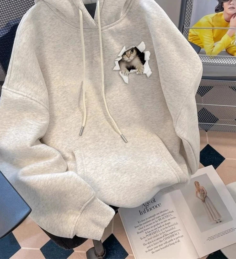 Men's Grey Cat Fleece-Lined Hoodie Sweatshirt for Casual Streetwear Fall Travel and Weekend Everyday Date Night