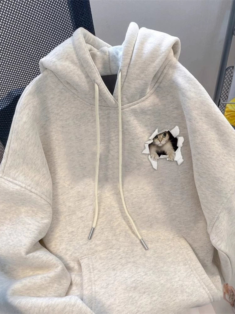 Men's Grey Cat Fleece-Lined Hoodie Sweatshirt for Casual Streetwear Fall Travel and Weekend Everyday Date Night