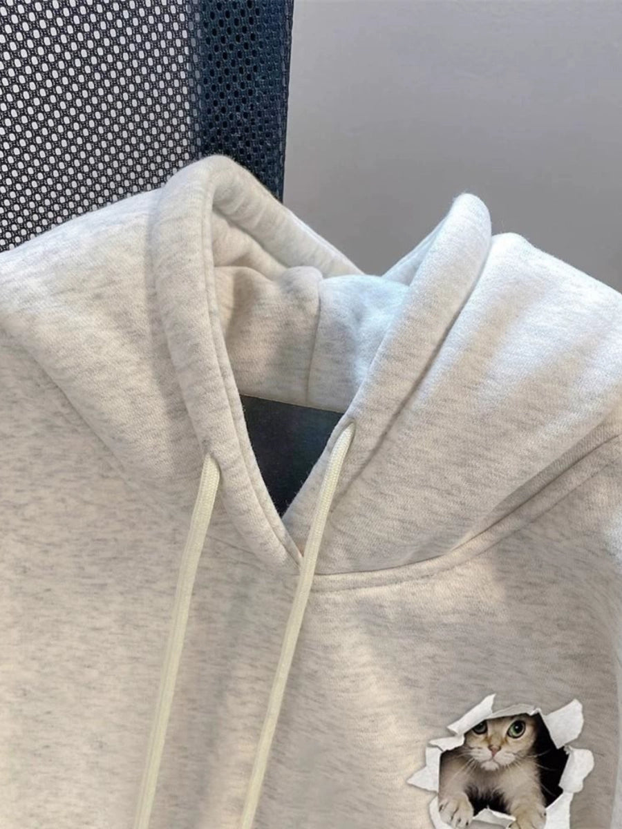 Men's Grey Cat Fleece-Lined Hoodie Sweatshirt for Casual Streetwear Fall Travel and Weekend Everyday Date Night