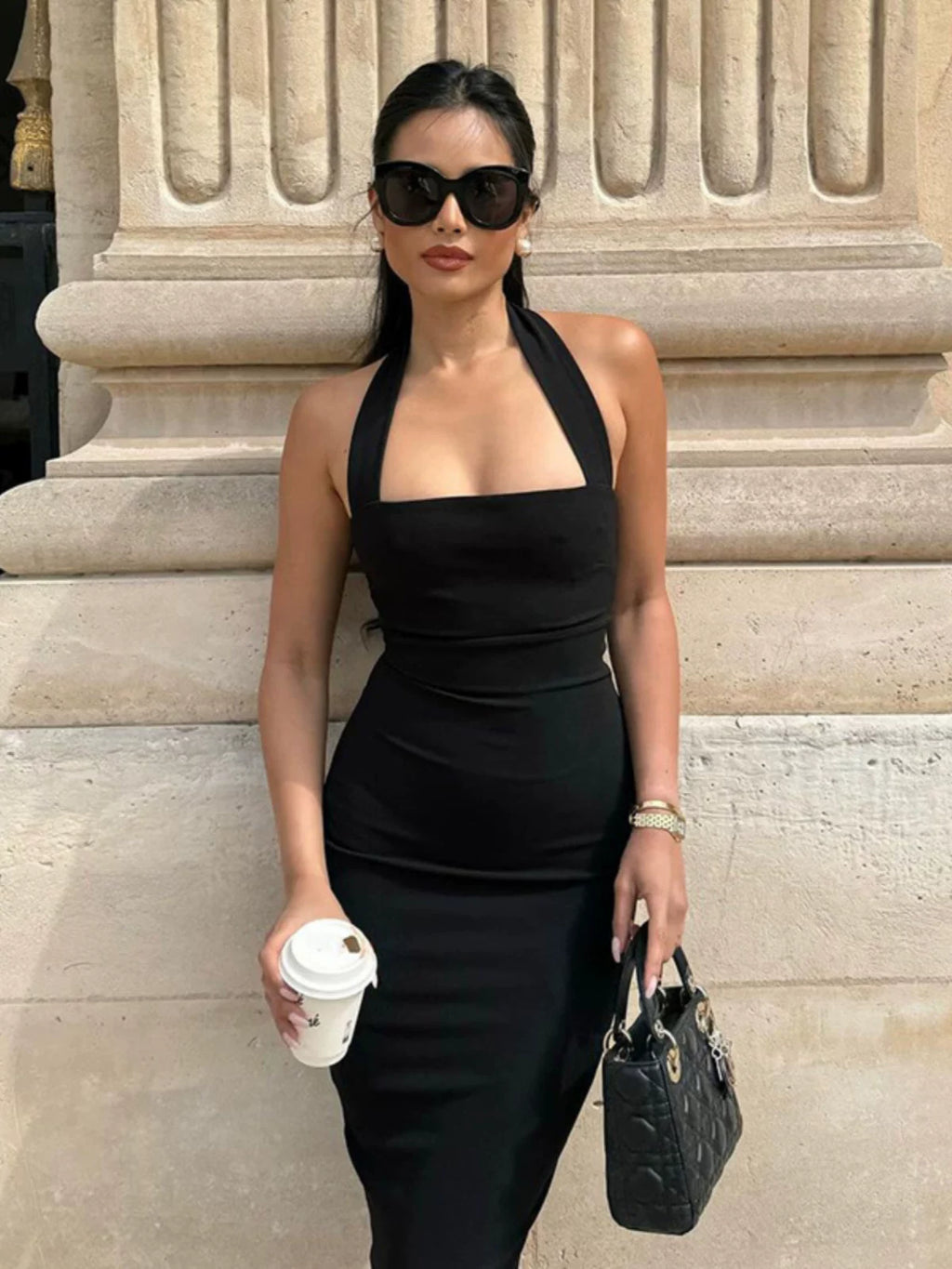 Women's Black Bodycon Open-back Slimming Midi Dress Party Evening Outfit Party Evening Casual Outfit