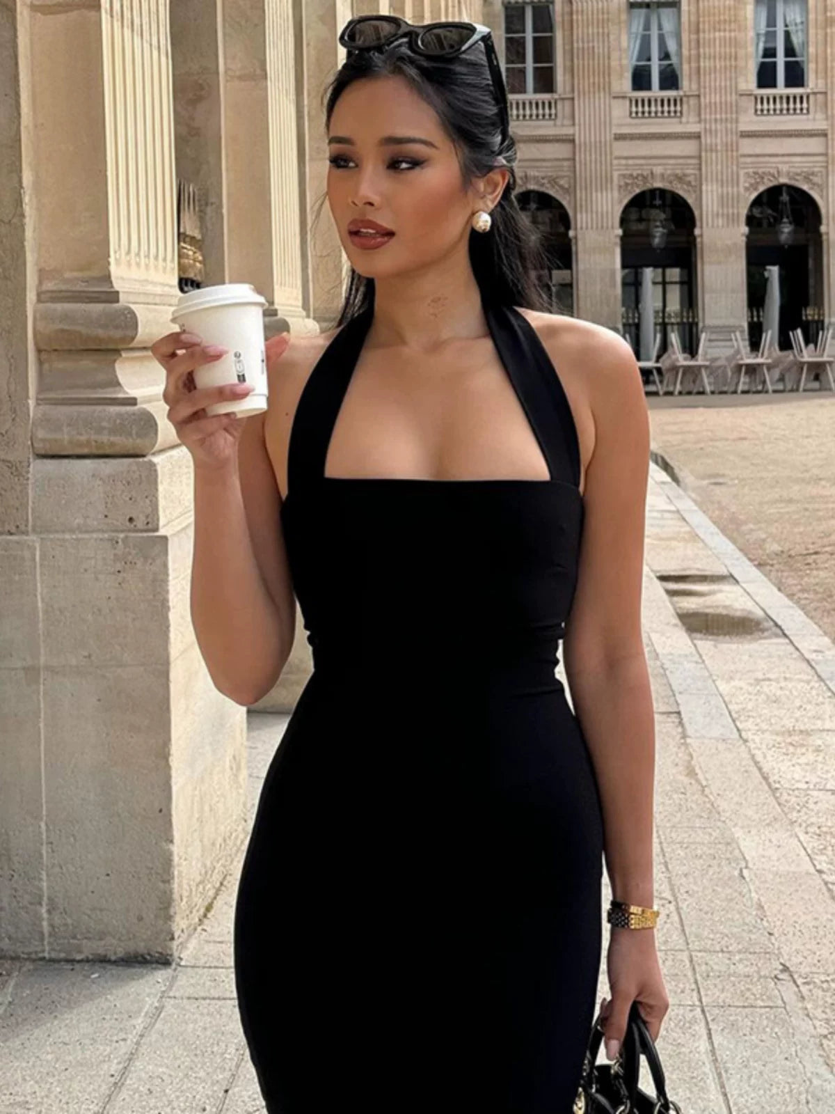 Women's Black Bodycon Open-back Slimming Midi Dress Party Evening Outfit Party Evening Casual Outfit