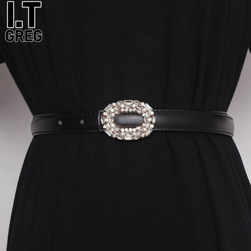 Women's Round Buckle Skinny Leather Crystal Waist Belt for Date Night Gift Party Designer Office Everyday