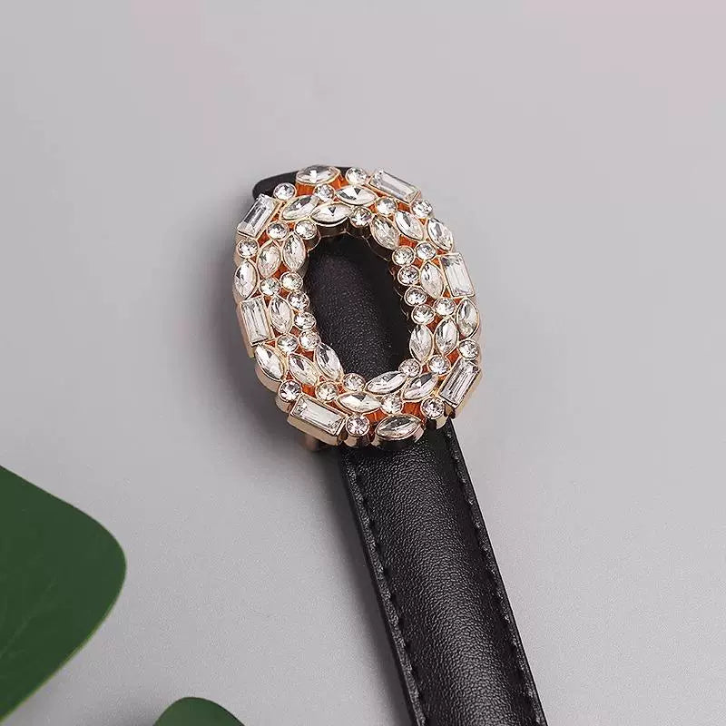 Women's Round Buckle Skinny Leather Crystal Waist Belt for Date Night Gift Party Designer Office Everyday