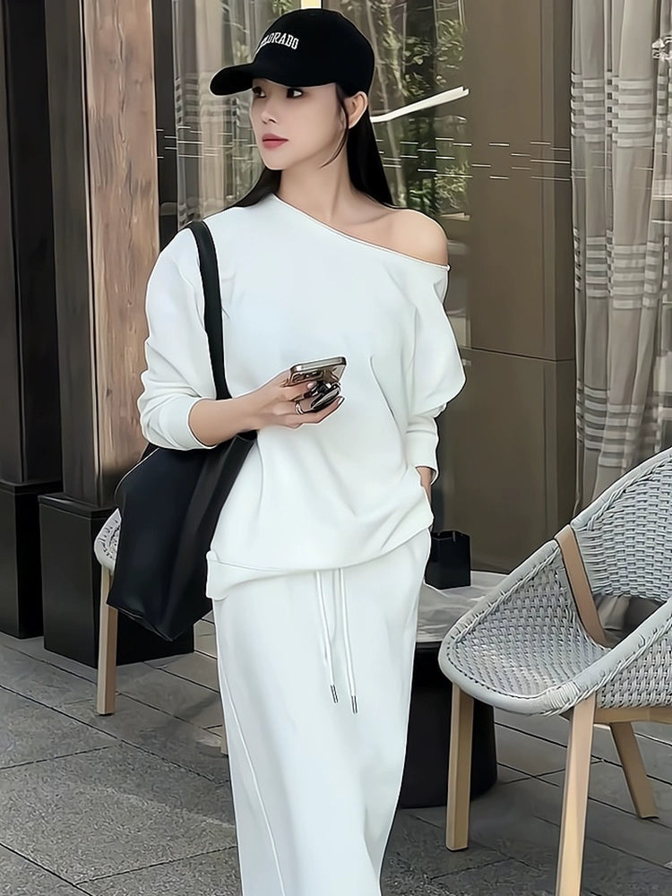 Women's White Long Sleeve Asymmetric Sporty Two-Piece Set for Office Workwear Wedding Guest Business Casual Travel Weekend At Home