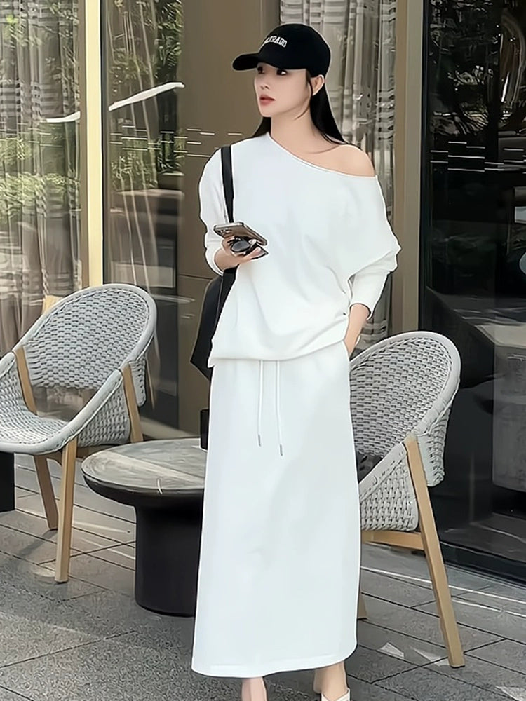 Women's White Long Sleeve Asymmetric Sporty Two-Piece Set for Office Workwear Wedding Guest Business Casual Travel Weekend At Home