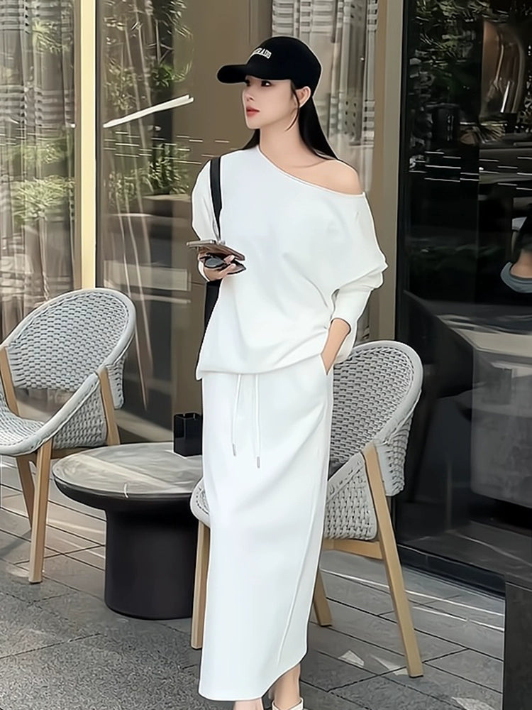 Women's White Long Sleeve Asymmetric Sporty Two-Piece Set for Office Workwear Wedding Guest Business Casual Travel Weekend At Home