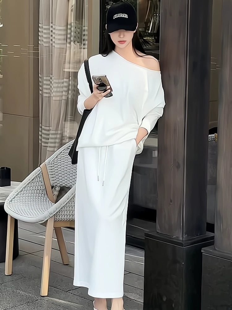 Women's White Long Sleeve Asymmetric Sporty Two-Piece Set for Office Workwear Wedding Guest Business Casual Travel Weekend At Home