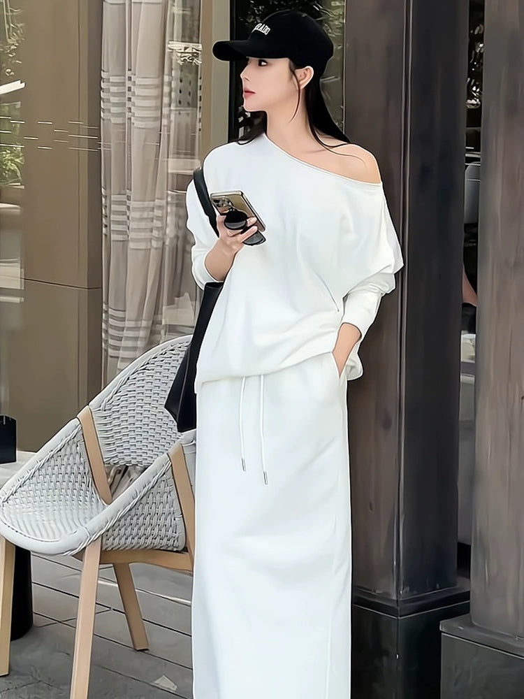 Women's White Long Sleeve Asymmetric Sporty Two-Piece Set for Office Workwear Wedding Guest Business Casual Travel Weekend At Home