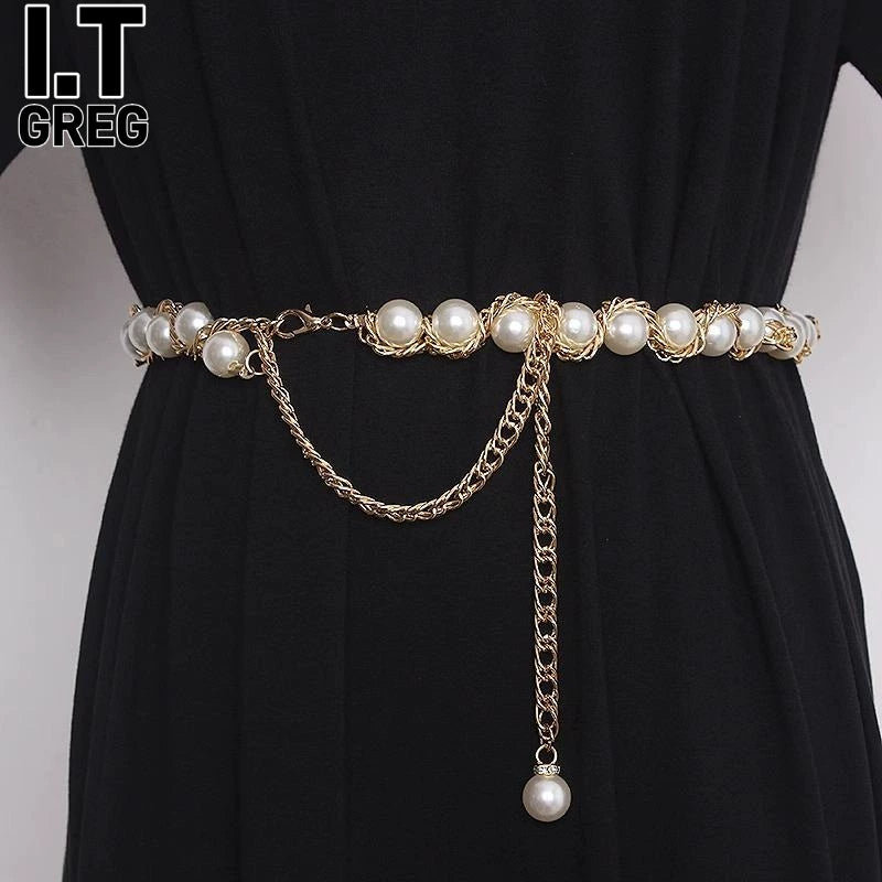 Women's High-Waist Pearl Petite Waist Chain Hong Kong Vintage Belt for Date Night Gift Party Office Everyday