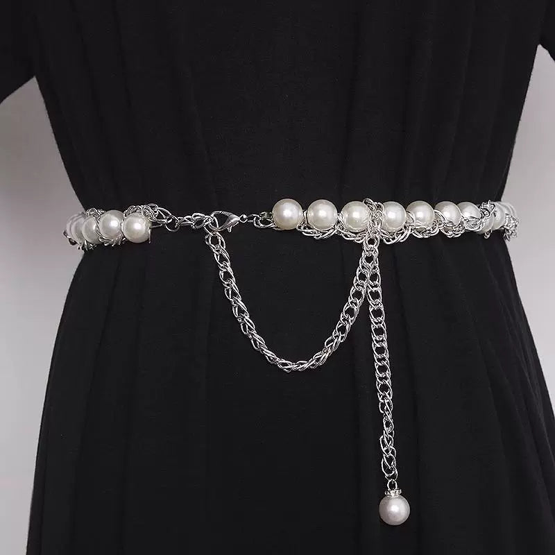 Women's High-Waist Pearl Petite Waist Chain Hong Kong Vintage Belt for Date Night Gift Party Office Everyday