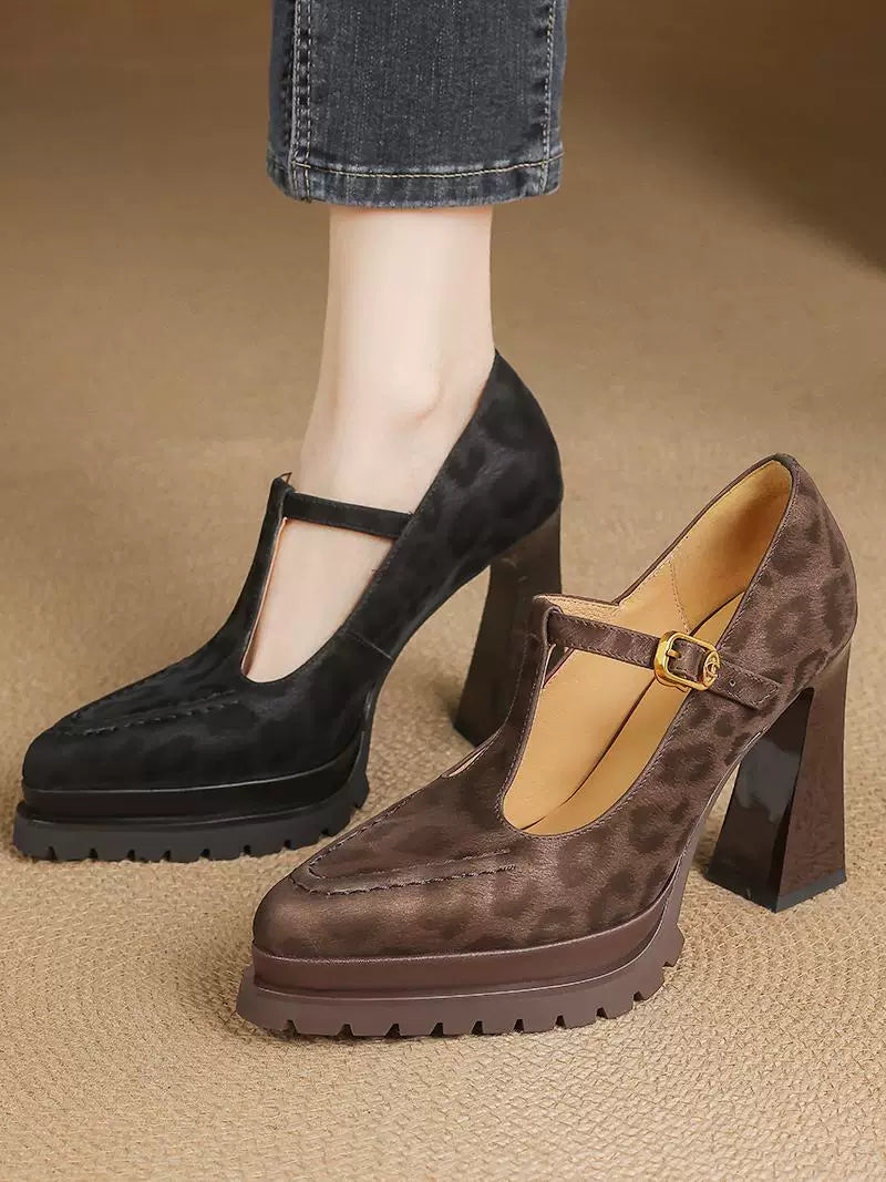 Women's Office Leopard Platform Leather Pointed Toe Block Heel High Heel Pumps Closed-Toe Dress Heels Wedding Guest Cocktail Party
