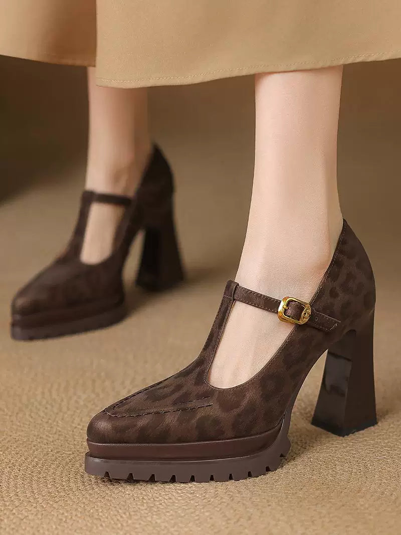 Women's Office Leopard Platform Leather Pointed Toe Block Heel High Heel Pumps Closed-Toe Dress Heels Wedding Guest Cocktail Party