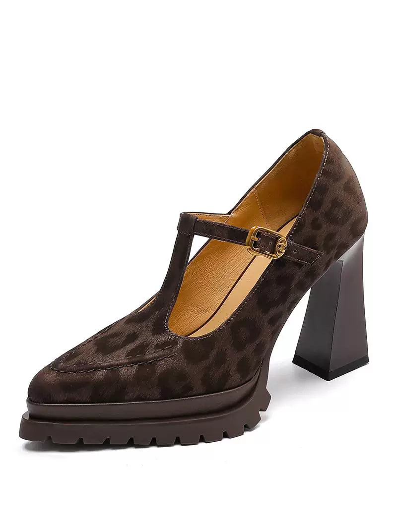 Women's Office Leopard Platform Leather Pointed Toe Block Heel High Heel Pumps Closed-Toe Dress Heels Wedding Guest Cocktail Party