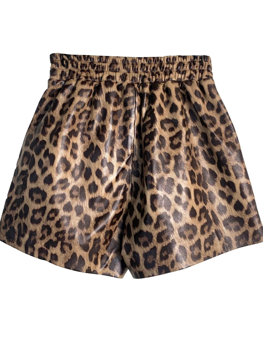 Women's Stretch Fall Winter Leopard Leather Shorts Weekend Everyday Wear Versatile
