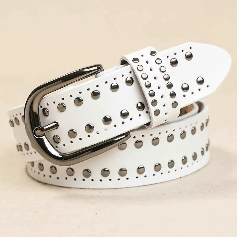 Women's Studded White Leather Jeans Belt Waist for Date Night Gift Party Designer Office Everyday