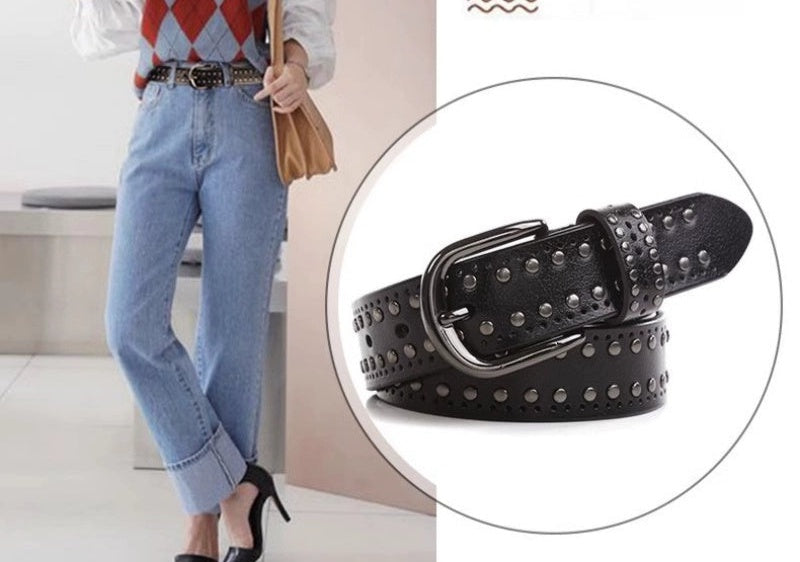 Women's Studded White Leather Jeans Belt Waist for Date Night Gift Party Designer Office Everyday