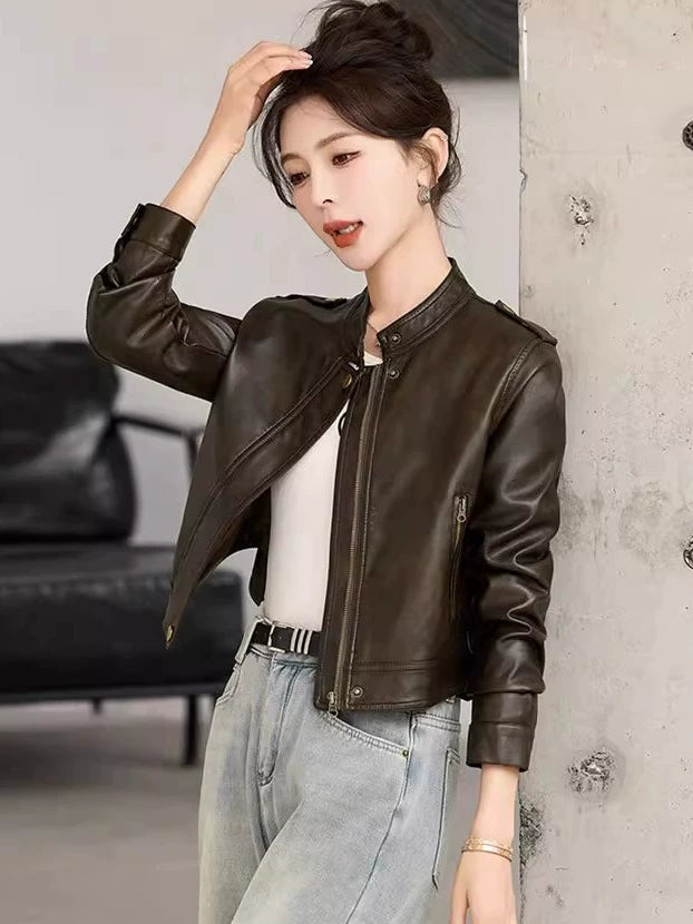 Women's Mandarin Collar Petite Slim-fit Cropped Jacket Casual Coat for Cold Weather Fall Travel Slimming Outdoor Holiday