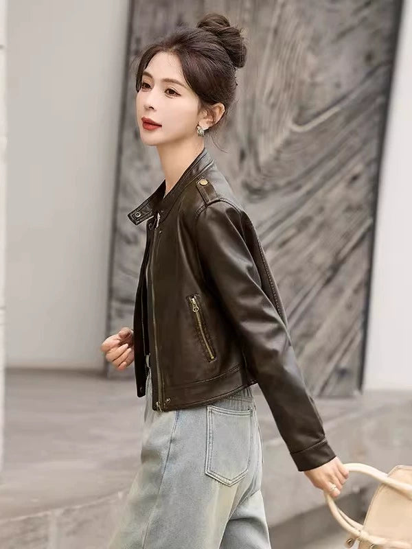 Women's Mandarin Collar Petite Slim-fit Cropped Jacket Casual Coat for Cold Weather Fall Travel Slimming Outdoor Holiday
