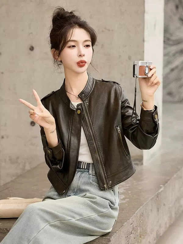 Women's Mandarin Collar Petite Slim-fit Cropped Jacket Casual Coat for Cold Weather Fall Travel Slimming Outdoor Holiday