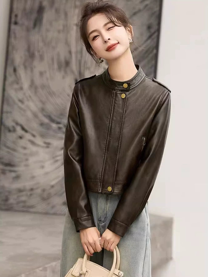 Women's Mandarin Collar Petite Slim-fit Cropped Jacket Casual Coat for Cold Weather Fall Travel Slimming Outdoor Holiday