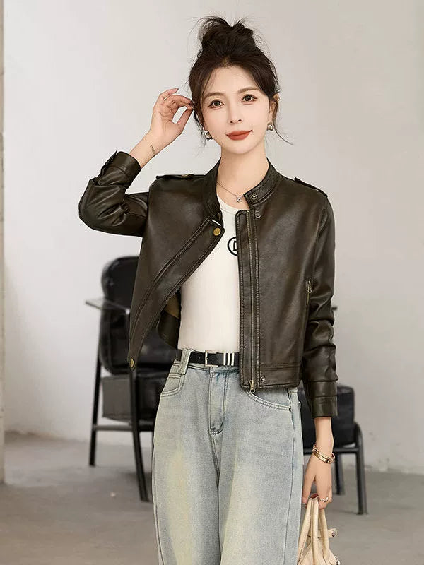 Women's Mandarin Collar Petite Slim-fit Cropped Jacket Casual Coat for Cold Weather Fall Travel Slimming Outdoor Holiday