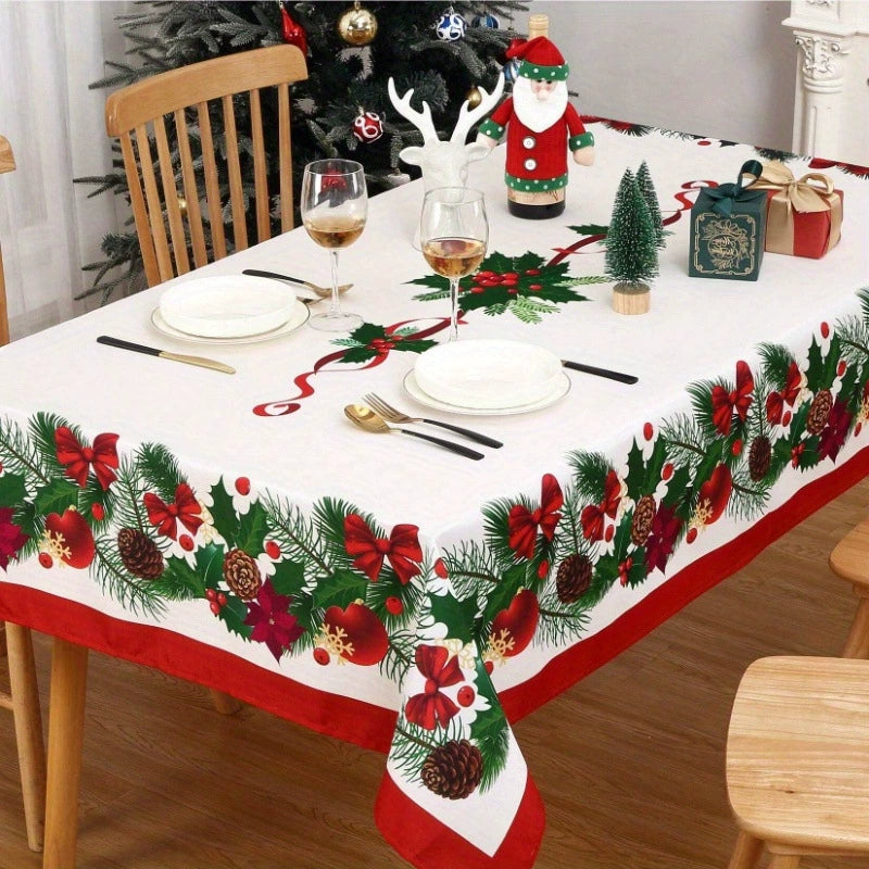 Red Christmas Tablecloth, Festive Rectangle Dining Cover for Christmas Dinner and Winter Parties