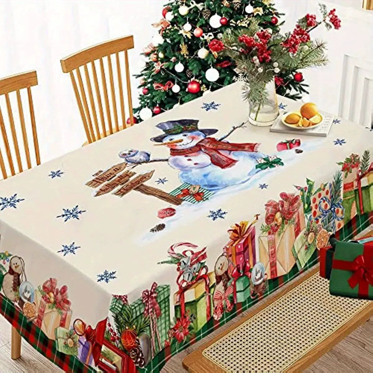 Red Christmas Tablecloth, Festive Rectangle Dining Cover for Christmas Dinner and Winter Parties
