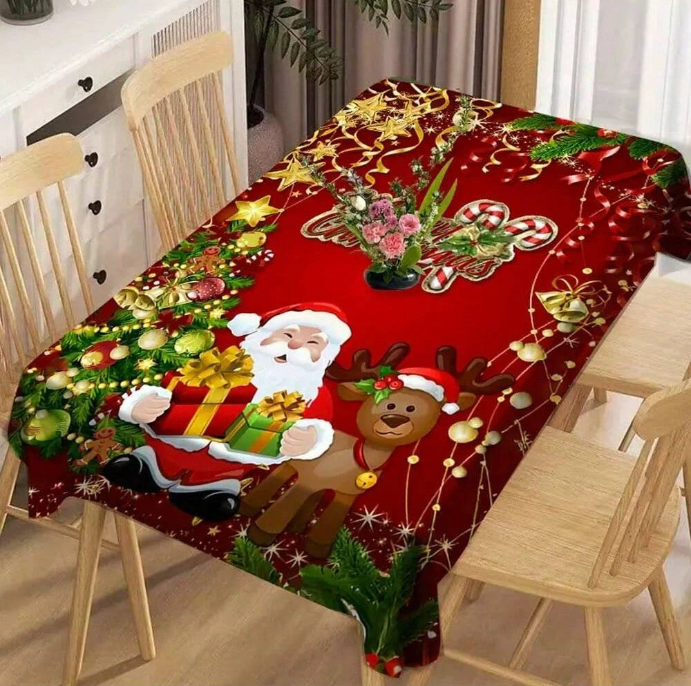Red Christmas Tablecloth, Festive Rectangle Dining Cover for Christmas Dinner and Winter Parties