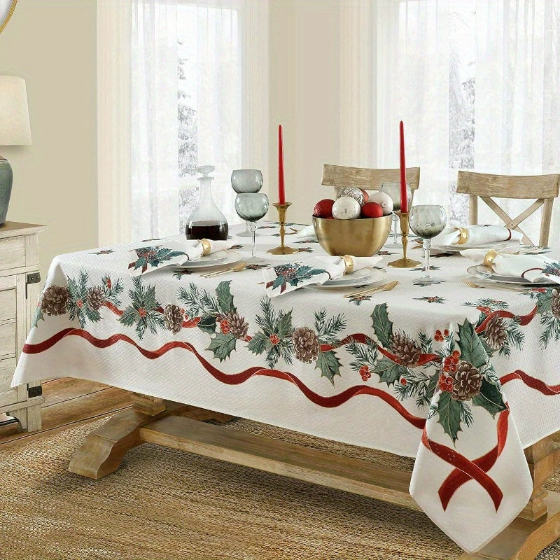 Red Christmas Tablecloth, Festive Rectangle Dining Cover for Christmas Dinner and Winter Parties