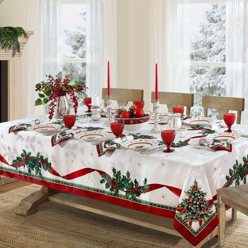 Red Christmas Tablecloth, Festive Rectangle Dining Cover for Christmas Dinner and Winter Parties