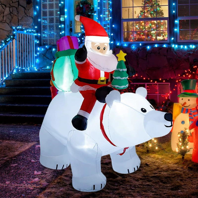 Santa Riding Polar Bear LED Inflatable Decor, Large Outdoor Yard Display with Lighted Holiday Scene