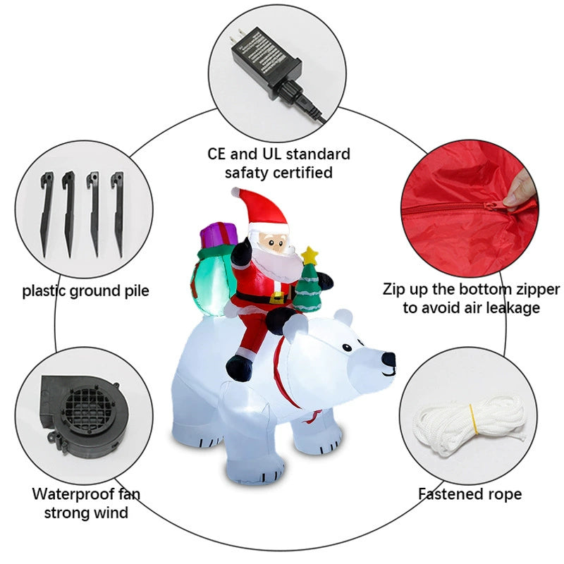 Santa Riding Polar Bear LED Inflatable Decor, Large Outdoor Yard Display with Lighted Holiday Scene