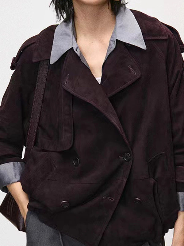 Women's Lapel Double-Breasted Leather Cropped Quiet-Luxury Jacket Casual Coat for Cold Weather Fall Travel Outdoor Holiday