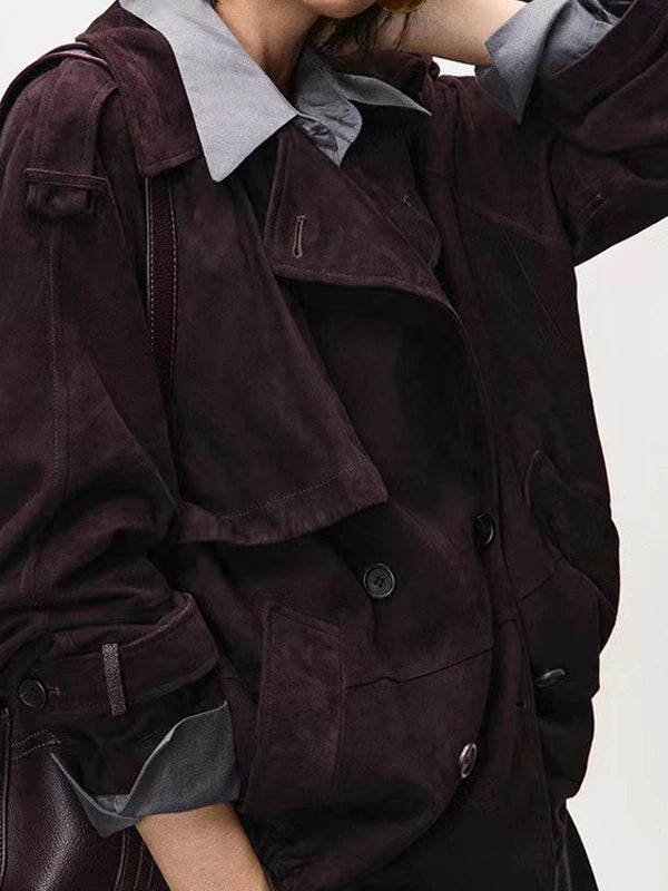 Women's Lapel Double-Breasted Leather Cropped Quiet-Luxury Jacket Casual Coat for Cold Weather Fall Travel Outdoor Holiday