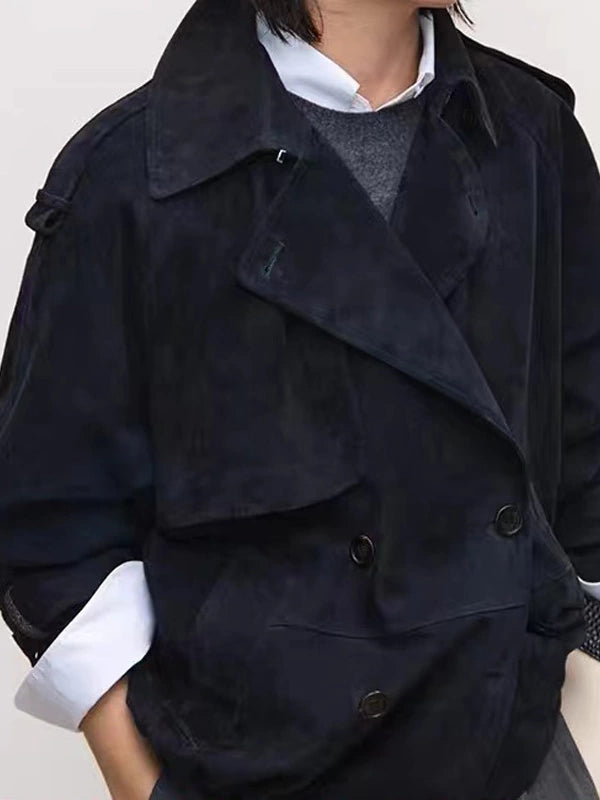 Women's Lapel Double-Breasted Leather Cropped Quiet-Luxury Jacket Casual Coat for Cold Weather Fall Travel Outdoor Holiday