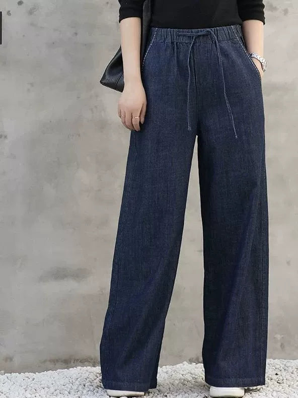 Women's Embroidered High-Waist Oversized Retro Straight Pants for Office Outfits Business Casual Work Travel Comfort Weekend