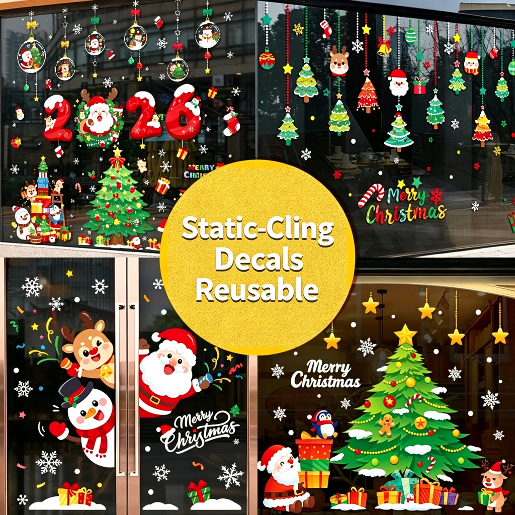 Christmas Static Cling Window Stickers, Removable Holiday Glass Decoration for Storefront and Home