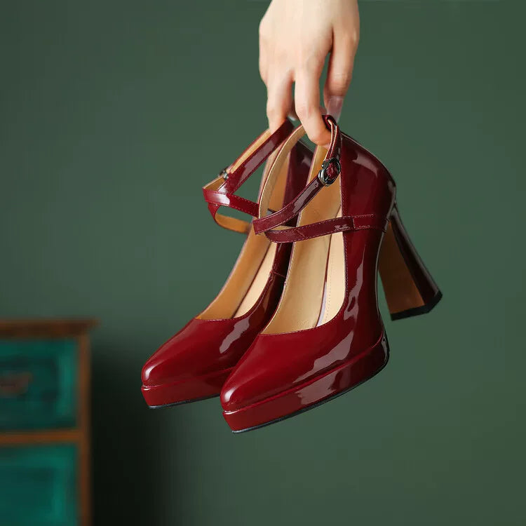 Women's Platform Leather Pointed Toe Block Heel High Heel Mary Jane Pumps Strap Dress Heels Wedding Guest Cocktail Party