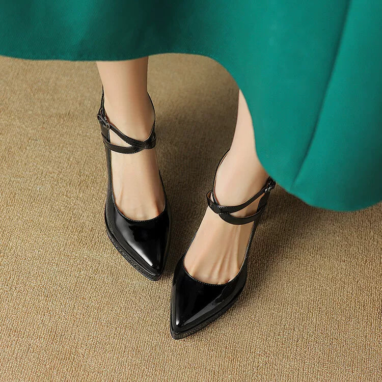 Women's Platform Leather Pointed Toe Block Heel High Heel Mary Jane Pumps Strap Dress Heels Wedding Guest Cocktail Party