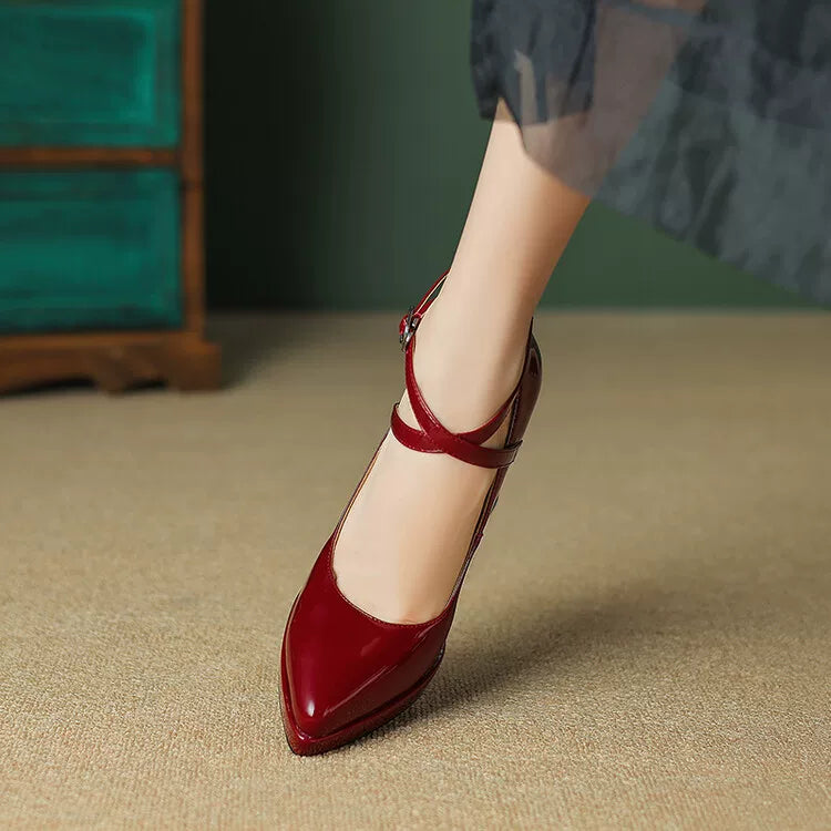 Women's Platform Leather Pointed Toe Block Heel High Heel Mary Jane Pumps Strap Dress Heels Wedding Guest Cocktail Party