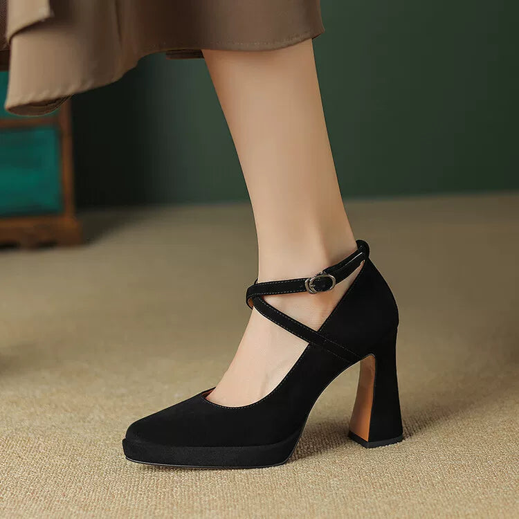 Women's Platform Leather Pointed Toe Block Heel High Heel Mary Jane Pumps Strap Dress Heels Wedding Guest Cocktail Party