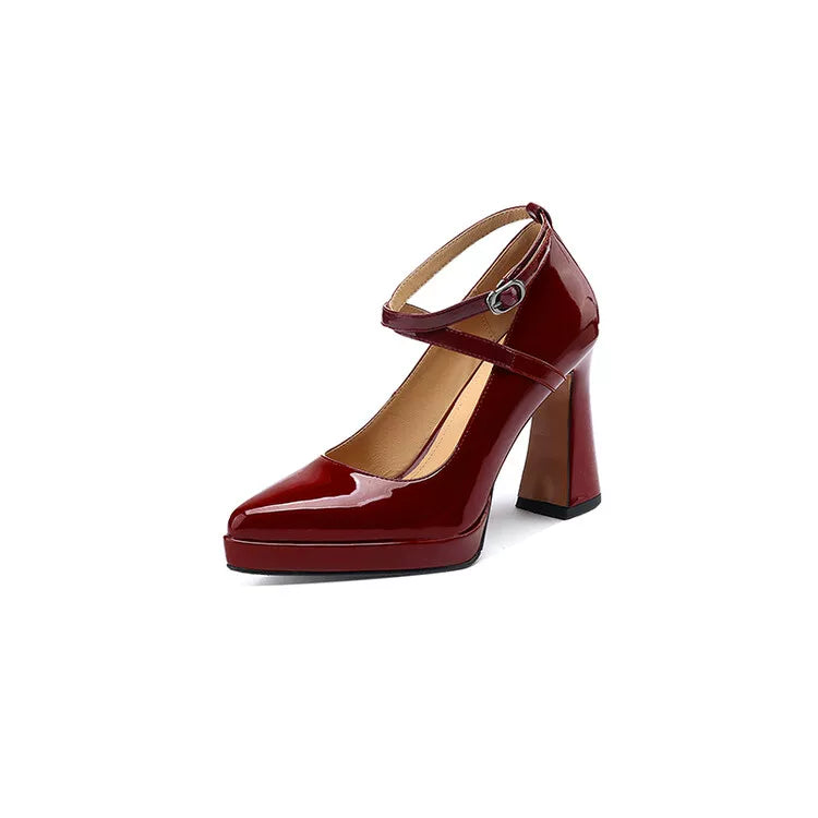 Women's Platform Leather Pointed Toe Block Heel High Heel Mary Jane Pumps Strap Dress Heels Wedding Guest Cocktail Party