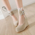 Women's Chunky Sole Platform Suede Round Toe Wedge High Heel Lace-Up Pumps Closed-Toe Dress Heels Wedding Guest Cocktail Party