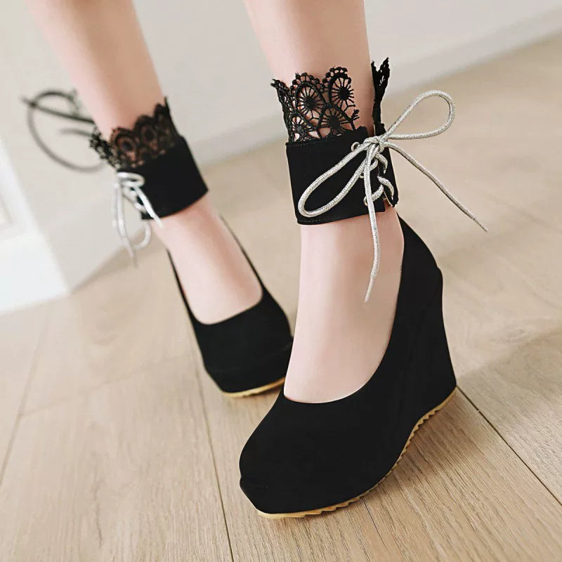 Women's Chunky Sole Platform Suede Round Toe Wedge High Heel Lace-Up Pumps Closed-Toe Dress Heels Wedding Guest Cocktail Party